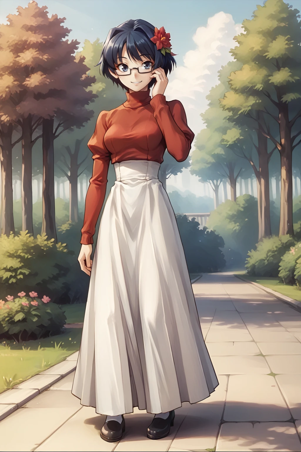 score_9, score_8_up BREAK 1girl, solo,  <lora:NSShizuneKatawa:1> NSShizuneKatawa, short hair, dark blue hair, glasses, high-waist skirt, long skirt, white skirt, red sweater, turtleneck, long sleeves, smile, standing, hair flower, outdoors