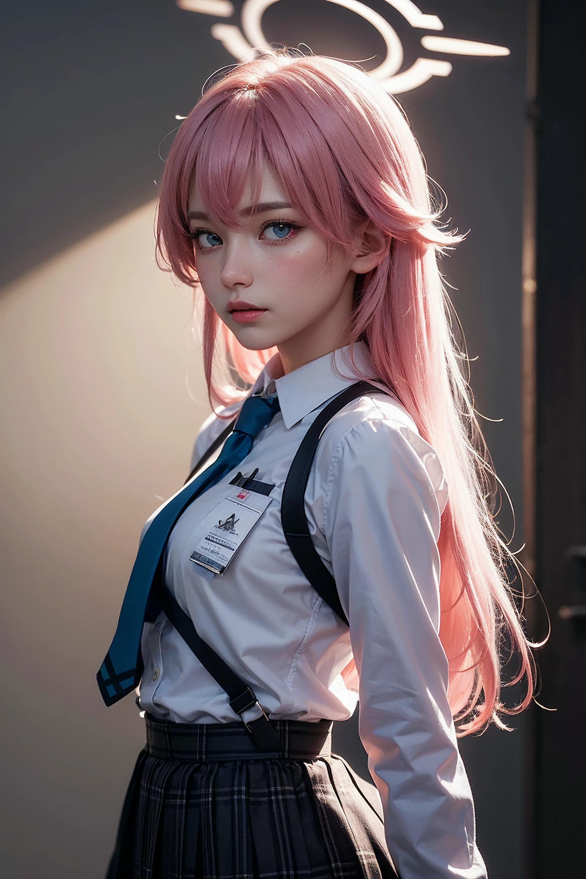 photorealistic,highres,absurdres,moody lighting,realistic skin texture,highly detailed face,highly detailed eyes,perfect lighting,ultra-detailed,shiny skin,
blush,petite,looking_at_viewer,
view from side,dynamic pose,cowboy shot,
<lora:hoshino_bluearchive:0.7>,(hoshino_bluearchive:1.1),pink hair,ahoge,halo,pink halo,long hair,ahoge,hair between eyes,blue eyes,yellow eyes,(heterochromia:1.2),very long hair,black skirt,blue necktie,collared shirt,plaid skirt,puffy long sleeves,chest harness,id card,pleated skirt,white shirt,black gloves,fingerless gloves,