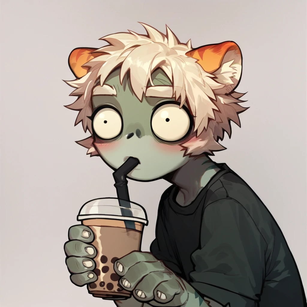 score_9, score_8_up, score_7_up, score_6_up, mikus-zombie green eyes, black dot eyes, milkytiger, tiger ears, tiger tail, blush, holding, bubble tea,