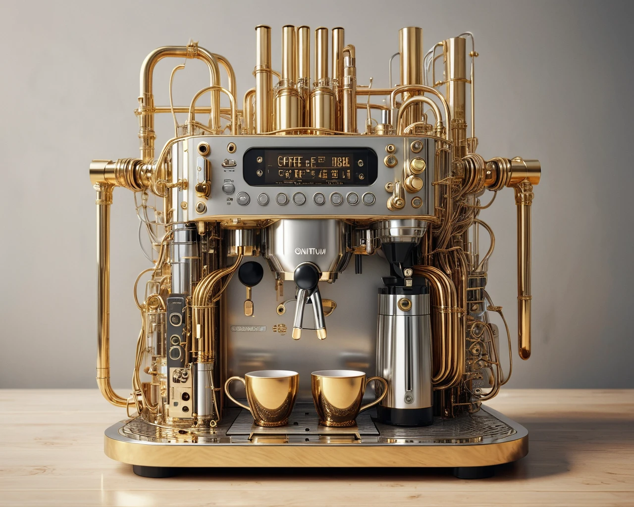 a raw photograph of a coffee maker in (qu4ntum style),covered in (brass pipes) and (silver wires) and gold circuits,hyperrealistic,masterpiece,magazine advertisement,8K wallpaper<lora:Qu4ntumPunk_04XL-000007:0.8>