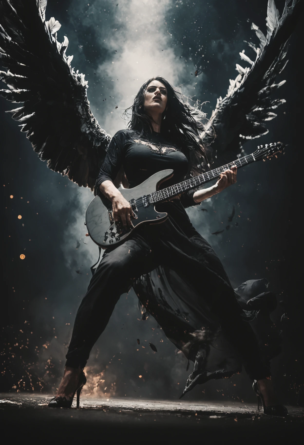 score_9, score_8_up, score_7_up, 1girl, archangel,  pale skin, black long hair,  claws, canines, majestic  black raven wings, feathered wings, stiletto heels, black roses, (sparks:0.3),  photography, cinematic, bokeh, dark background, front view from below, (dynamic pose, action:0.8), playing on electric guitar, black metal