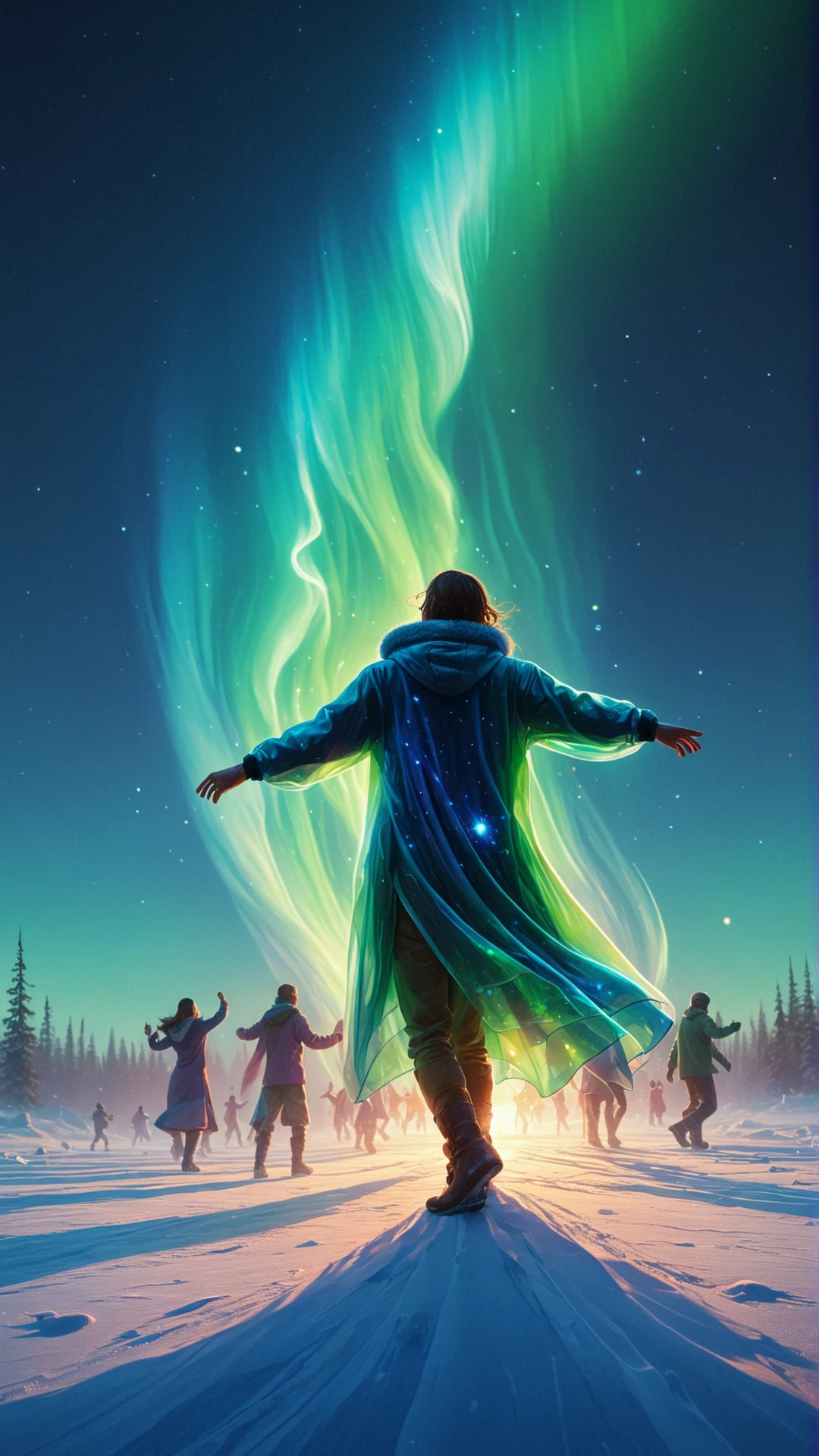 <lora:CosmicStyleSDXL:1.3>CosmicStyle (Digital painting of humans dancing under vibrant northern lights, cold atmosphere, snow-covered ground, distant futuristic colony, joy, determination, colorful traditional clothing, bonfire, aurora borealis, mystical, blue and green hues, night, winter, survival, distant stars, lens flare, dramatic contrast, cinematic, detailed, artstation, concept art, illustration:0.5), see-through, transparent