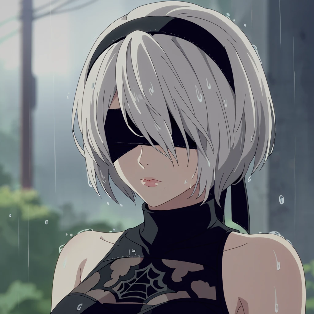 score_9, score_8_up, score_7_up,  BREAK source_anime,
 ,<lora:cyberpunk_edgerunners_style_pony_r1:0.8>,
detailed drawing, 1girl, solo, breasts, short hair, dress, bare shoulders, medium breasts, closed mouth, upper body, white hair, hairband, sleeveless, mole, blurry, black dress, lips, wet, depth of field, blurry background, turtleneck, black hairband, wet clothes, mole under mouth, facing viewer, rain, water drop, blindfold, wet hair, covered eyes, black blindfold, yorha no. 2 type b