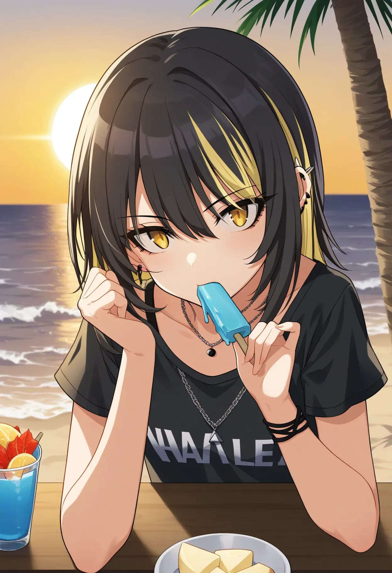 l_ikaruga, score_9, best quality,
1girl, solo, shirt, food, popsicle, black shirt, looking at viewer, mouth hold, black hair, necklace, bangs, jewelry, short sleeves, food in mouth, piercing, multicolored hair, ear piercing, plaid, plaid skirt, upper body, yellow eyes, medium hair, collarbone, earrings, hair between eyes, beach, sunset, leaf, dappled sunlight, wood table
<lora:l_ikarugaXL_pony:1>