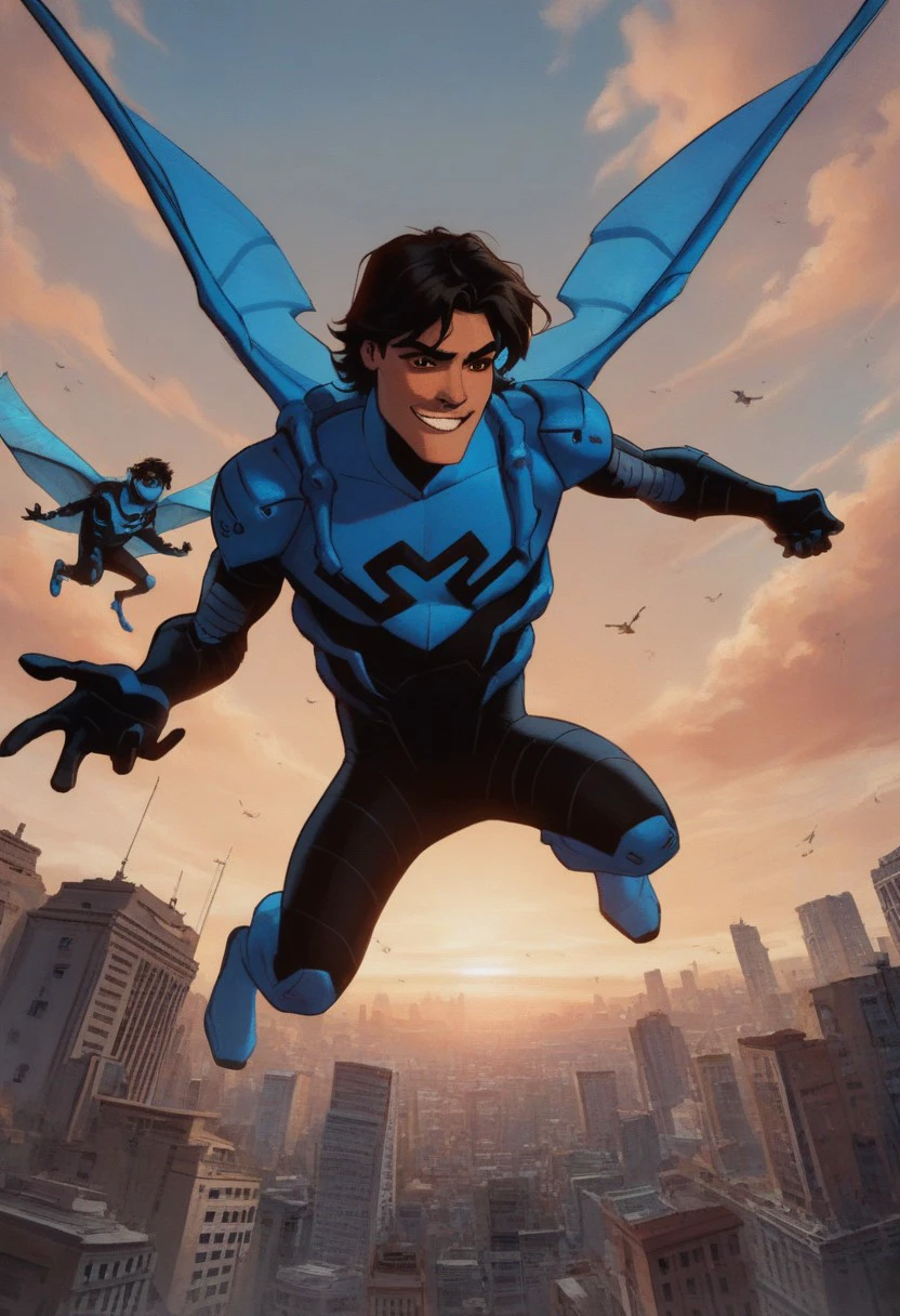 1boy, animated male character, score_9, score_8_up, score_7_up, black and blue body suit, hispanic male, latino, mexican, black hair, short hair, brown eyes, scarab suit, flying, smile, smirk, Blue Beetle, jaimereyes, Jaime Reyes, superhero, flying over city, flying in sky, city skyline, daylight, sunny day,