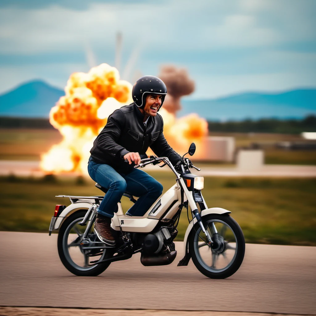 cinematic photo Tom Cruise is riding a motorcycle, motor vehicle, ground vehicle, big nuclear explosion in the background <lora:103-1024:1.1> . 35mm photograph, film, bokeh, professional, 4k, highly detailed