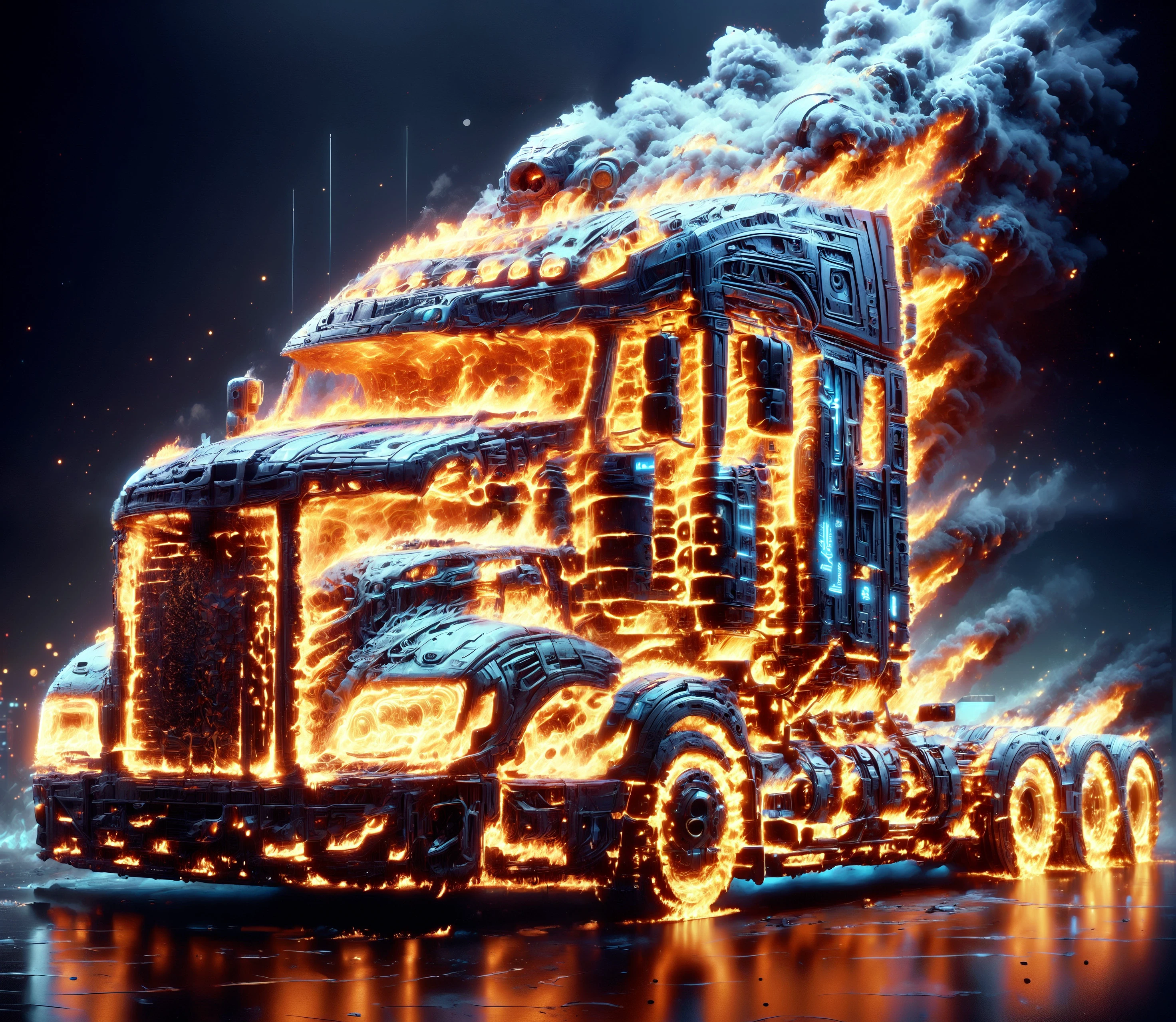 score_9, score_8_up, score_7_up,

f1r3, a truck is made entirely of fire, exhaust gases,

night, (reflection:1.1), iced ground,