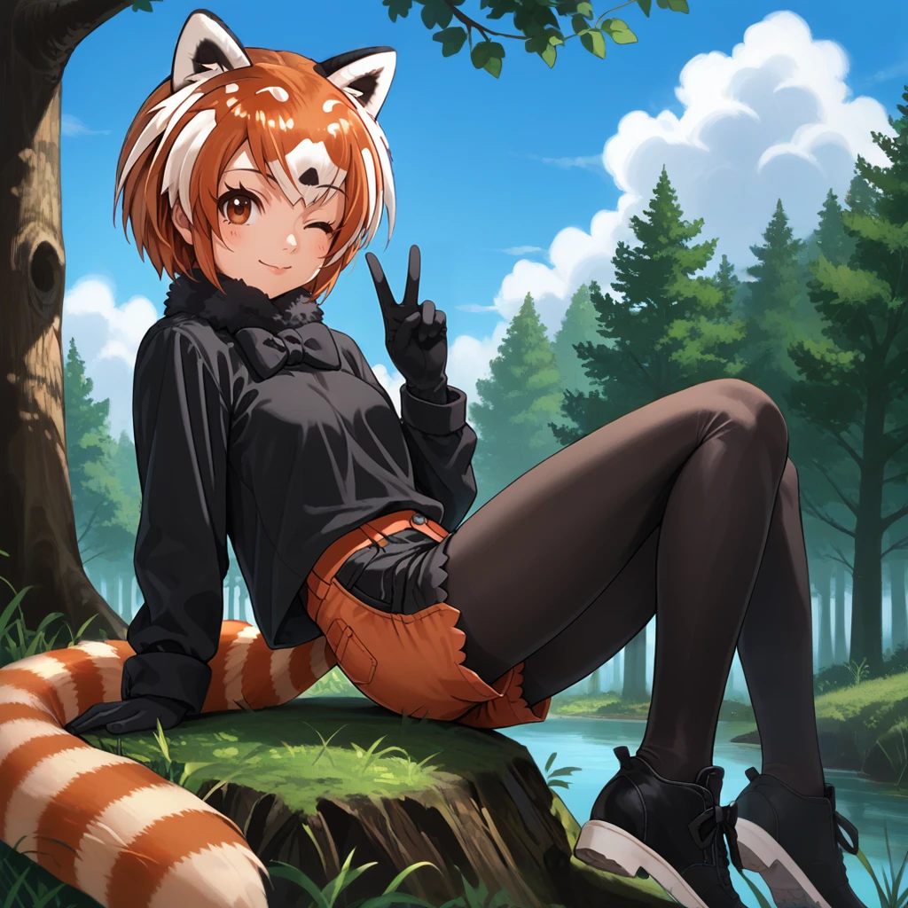 1girl,solo,<lora:rp:1>,red panda \(kemono friends\),red panda hair,red panda ears,brown eyes,red panda tail,black shirt,long sleeves,fur collar,black bowtie,fur cuffs,black gloves,black shorts,black legwear,pantyhose under shorts,black footwear,footwear bow,
outdoors,forest,sky,cloud,day,
full body,from side,looking at viewer,smile,leaning back on tree,hand up,v,wink,, score_9, score_8_up, score_7_up, perfect anatomy, source_anime,