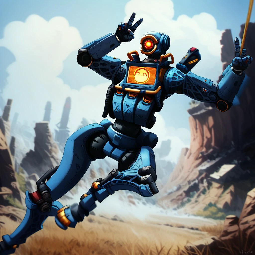 score_8_up, score_7_up, action shot, motion blur, 
BREAK,
 solo male, ApexPathfinder, humanoid robot, mechanical legs, one-eyed, screen on chest, swinging, in the air, rope, peace sign, 
science fiction, outdoors, battlefield, detailed background,