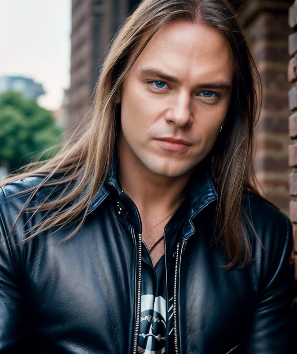 cinematic photo  <lora:quiron_AndiDeris_v040320_Lora:0.77> andiDerisQuiron, solo, male focus, realistic, long hair, looking at viewer, blue eyes, shirt, leather jacket, 1boy,   (cinematic shot),      . 35mm photograph, film, bokeh, professional, 4k, highly detailed