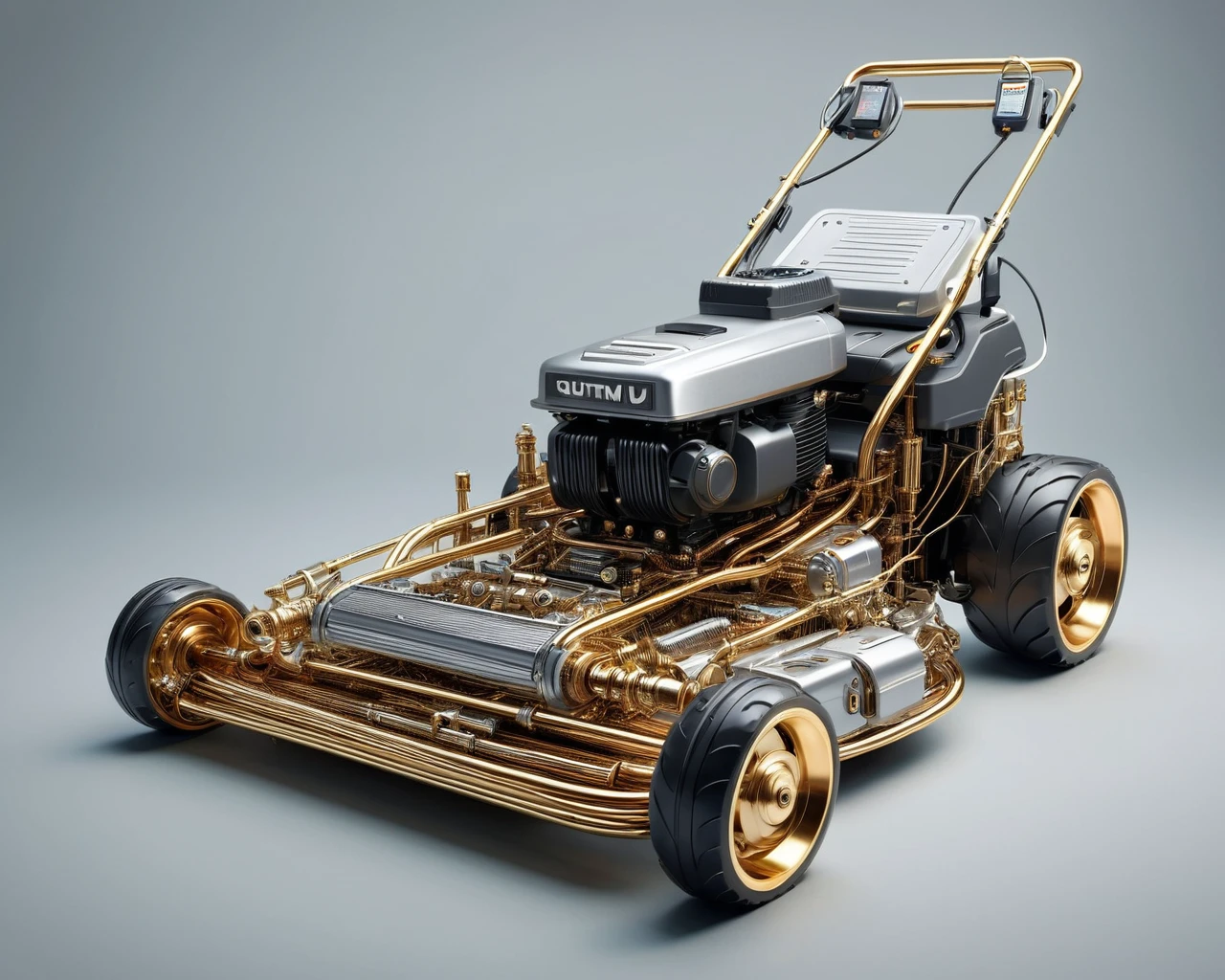 a raw photograph of a lawn mower in (qu4ntum style),covered in (brass pipes) and (silver wires) and gold circuits,hyperrealistic,masterpiece,magazine advertisement,8K wallpaper<lora:Qu4ntumPunk_04XL-000007:0.8>