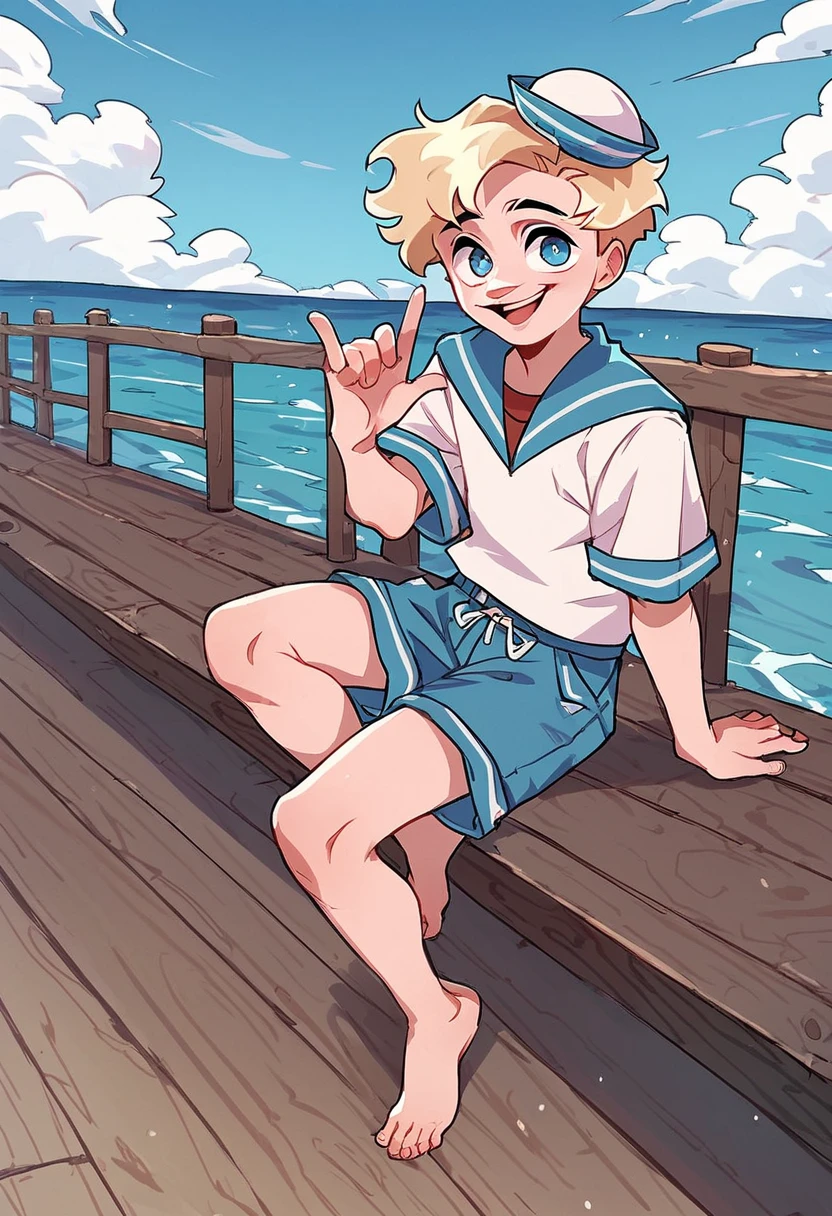 score_9, score_8_up, score_7_up, 1boy, blonde hair, blue eyes, blue sailor collar, sailor hat, shirt, short hair, solo, white shirt, blue shorts, looking at viewer, happy, pier, sea background, full body, <lora:Sailor_VladikVK_stikerÐÐ°ÑÑÐ¾Ñ_ÐÐ»Ð°Ð´Ð¸Ðº:1>