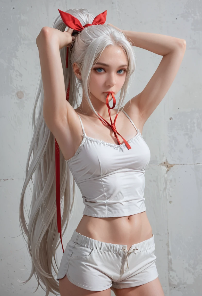 Beauty, ((Clothes damaged)), (((Shy))), ((Legs apart))), ((Sports Bra)), (Shorts), Full Body Drawing, Ultra Detailed, Master Artwork, Highest Quality, 8K Resolution, (Fine Details), ((Extreme Color))), Beautiful Eyes ((Two Side Up), (Detailed Engraving), White Stockings, ((Long White Hair, Messy))