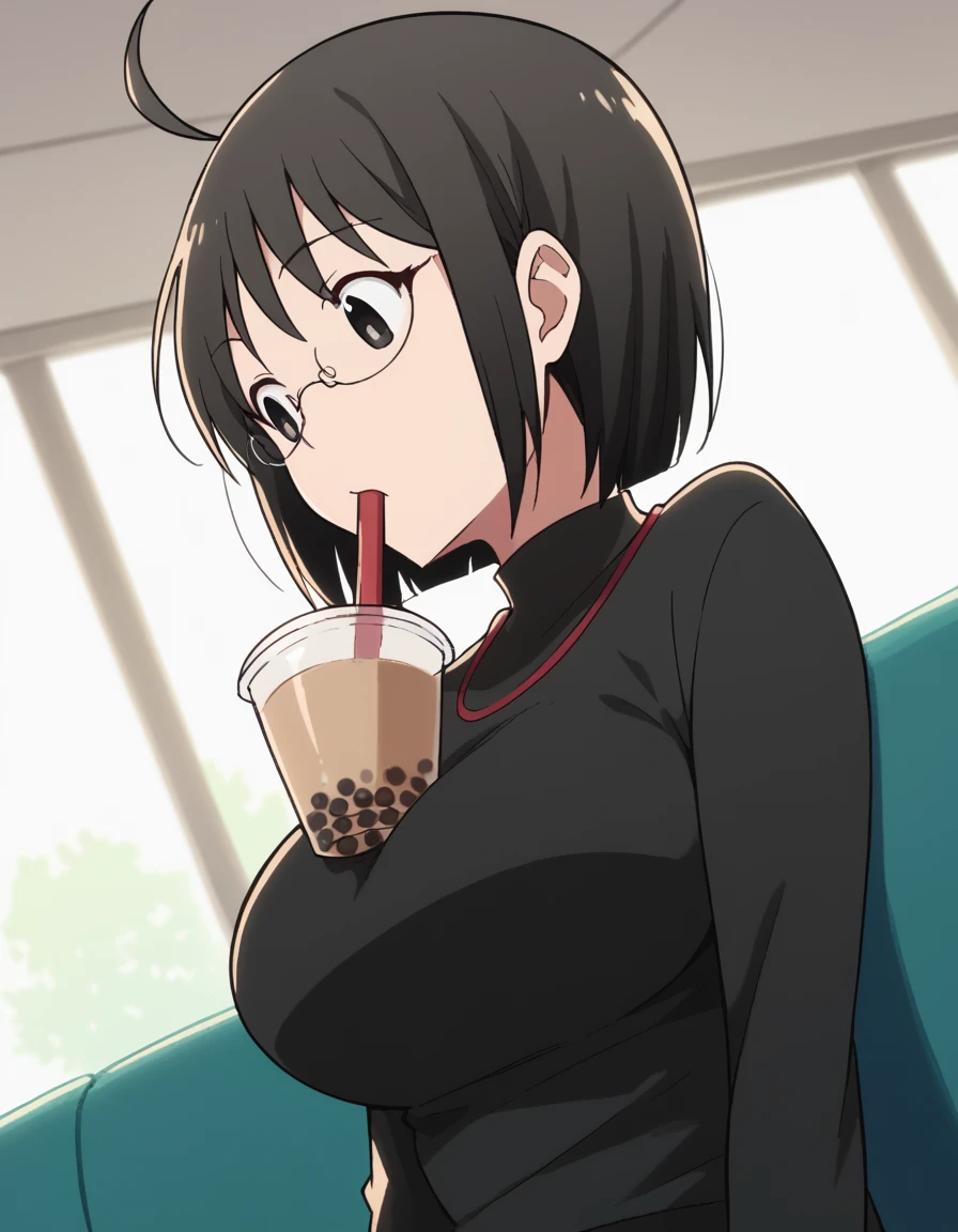 score_9, score_8_up, score_7_up, source_anime, <lora:lucy-yamagami-s1-ponyxl-lora-nochekaiser:1>, lucy yamagami, short hair, black hair, black eyes, ahoge, glasses, large breasts,, <lora:bubble-tea-challenge-ponyxl-lora-nochekaiser:1>, bubble tea challenge, bubble tea, object on breast, drinking straw, drinking straw in mouth, drinking, cup,, indoors, sitting, looking down, , cowboy shot, dutch angle