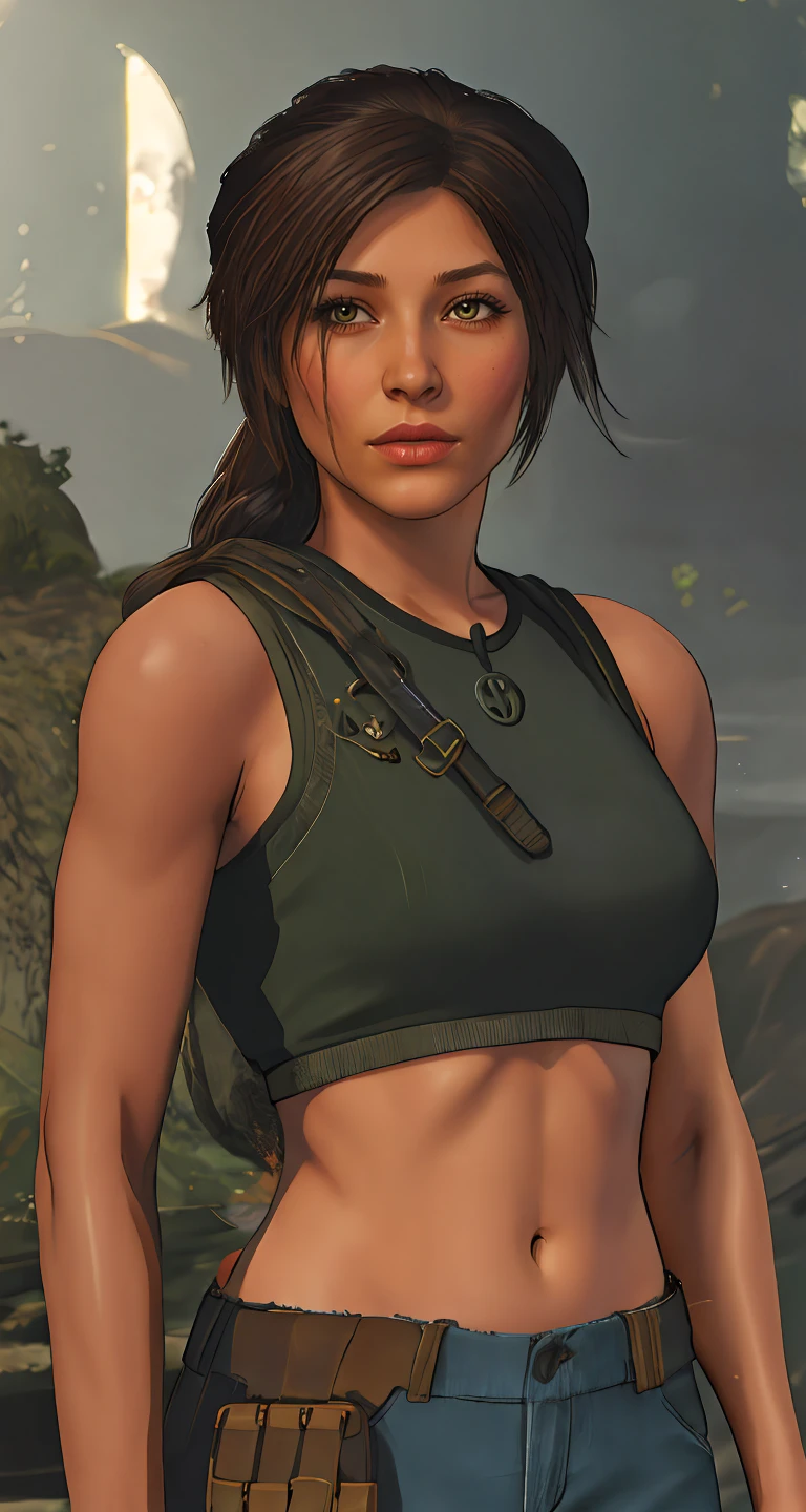 outside,evening,Lara Croft looking heroic,highly detailed tank top,hands on hips,(expressionless:1.3),highly detailed character design,cinematic lighting,detailed backgrounds,4k resolution,masterpiece digital art,
BREAK
professional model,cartoon,hires,4k,((masterpiece)),(best quality),perfect anatomy,highly detailed hair,highly detailed face,(highly detailed eyes:1.3),(good hands:1.3),detailed teeth,detailed mouth,
BREAK
score_9,score_8_up,score_7_up,score_6_up,score_5_up,score_4_up,
BREAK
looking at viewer,(eye_level_shot:1.5),
BREAK
(1girl:1.4),natural light,octane render,highly detailed,volumetric,<lora:a LC - 75by20:1>,LC_Gamer,midriff,