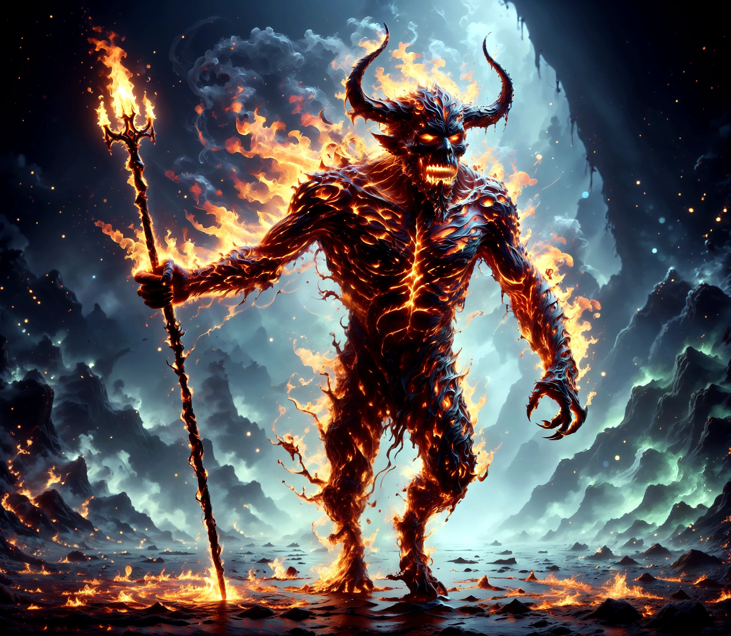 score_9, score_8_up, score_7_up,

f1r3, a devil is made entirely of fire, exhaust gases, horns, monster, demon,

night, (reflection:1.1), iced ground, lava, molten rock, sparkles, hold trident, 