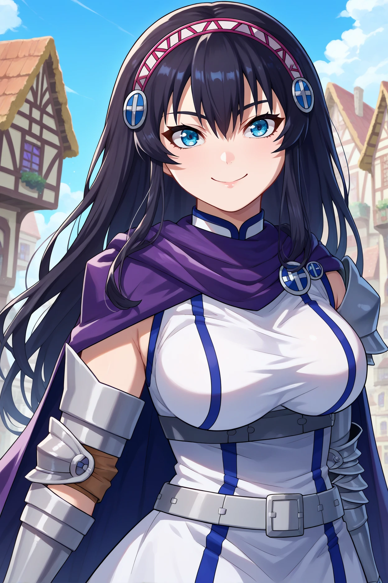 score_9, score_8_up, score_7_up, score_6_up, source_anime, 1girl, solo, <lora:luvelia-pdxl-nvwls-v1-000004:1> luvelia, black hair, blue eyes, long hair, hairband, white dress, sleeveless, purple cape, gauntlets, elbow pads, white gloves, belt, black thighhighs, large breasts, looking at you, smile, village, blue sky, clouds, upper body, happy, anime coloring