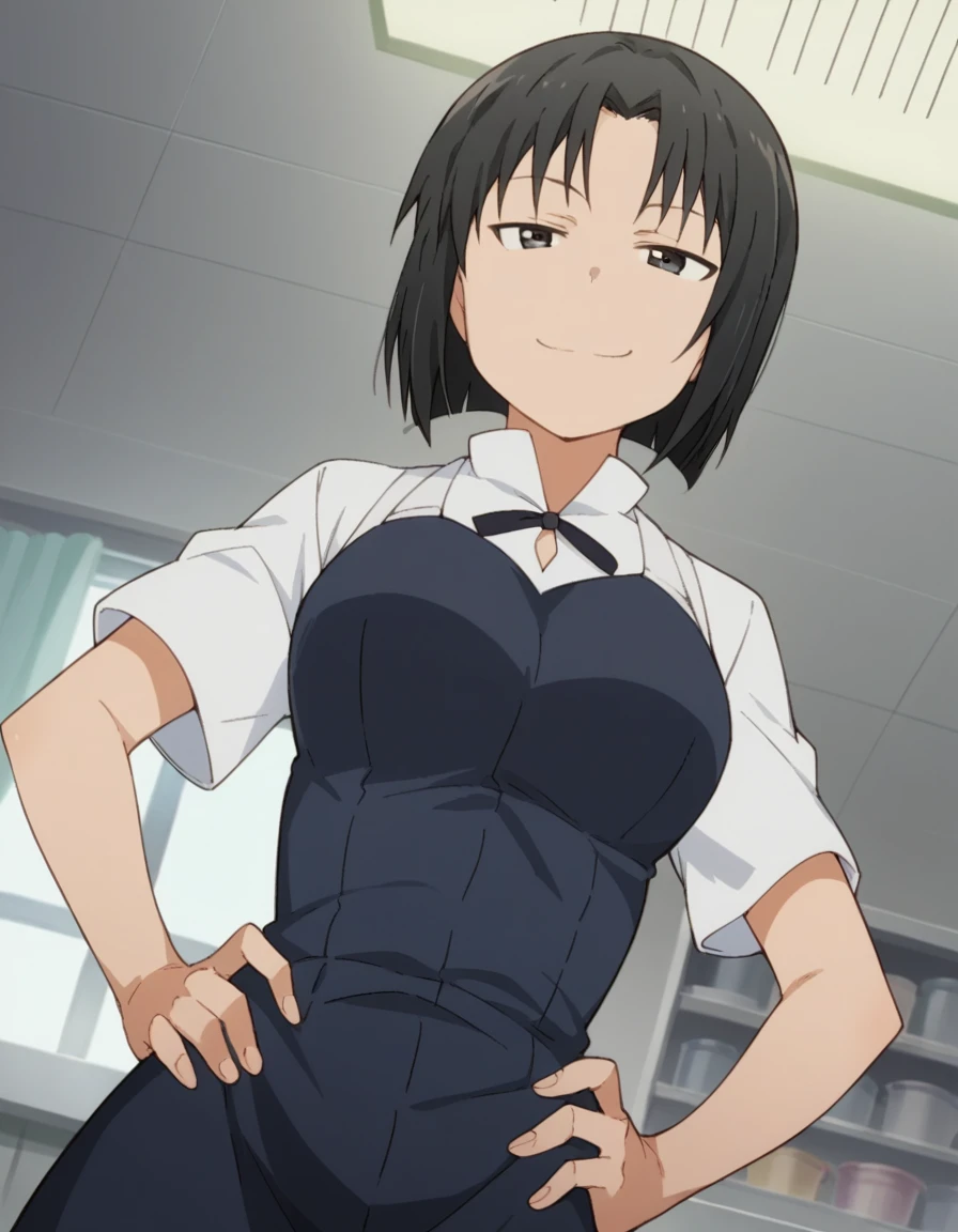 score_9, score_8_up, score_7_up, source_anime, <lora:kyouko-shirafuji-s2-ponyxl-lora-nochekaiser:1>, kyouko shirafuji, short hair, black hair, black eyes,, apron, waitress,, indoors, smug, smile, looking at viewer, solo, hands on hips,, cowboy shot, dutch angle