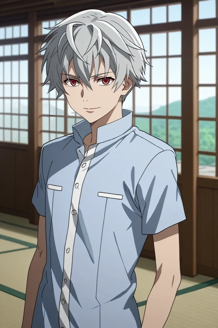 score_9, score_8_up, score_7_up, source_anime, rating_safe, intricate details, anime screencap, , , looking at viewer, depth of field, 1boy, solo, male focus, <lora:aru_akise_pony:1>, aru_akise, grey hair, red eyes, short hair, from afar, full body, dojo, day, sunny, floating, half-closed eyes, smile, , <lora:sdxl_lightning_8step_lora:1>