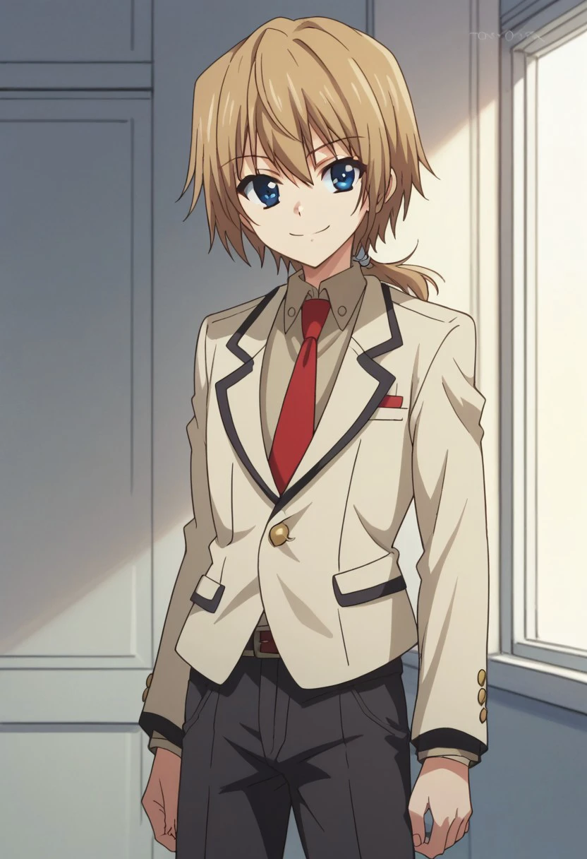 score_9, score_8_up, score_7_up, source_anime, highly detailed, 
 jironezu, solo, blue eyes, 1boy, school uniform, necktie, blonde hair, short hair, smile,
parody, blazer, red necktie, jacket, light brown jacket, black pants, belt, looking at viewer, ponytail,
outdoor,