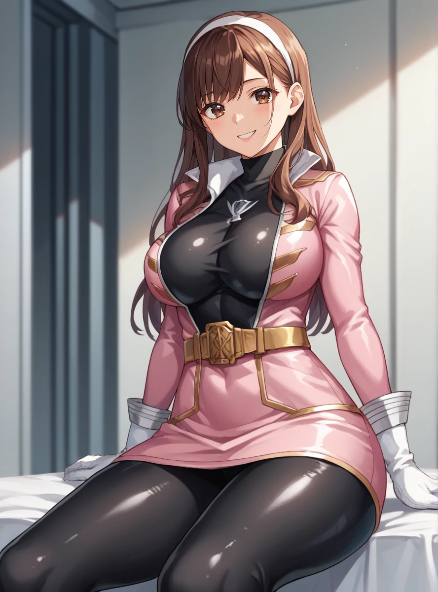 score_9, score_8_up, score_7_up, score_6_up,source_anime, anime screencap  anime coloring,anime_lineart     <lora:GokaiPink:0.8>gokaipink, gloves, white gloves, solo, thick thighs,  large breasts, indoors, bodysuit, ,black pantyhose, turtleneck, pink jacket, belt ,  sitting,  smile brown eyes, bangs, brown hair, white hairband, sidelocks, black bodysuit, long hair,