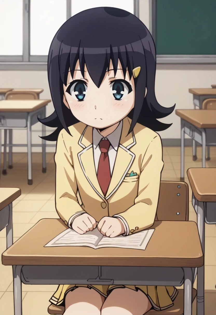 <lora:kiichan_watamote:1> score_9, score_8_up, score_7_up, score_6_up, source_anime BREAK, satozaki_kiko, child, 1girl, blue eyes, yellow blazer, yellow skirt, pleated skirt, red necktie, classroom, sitting