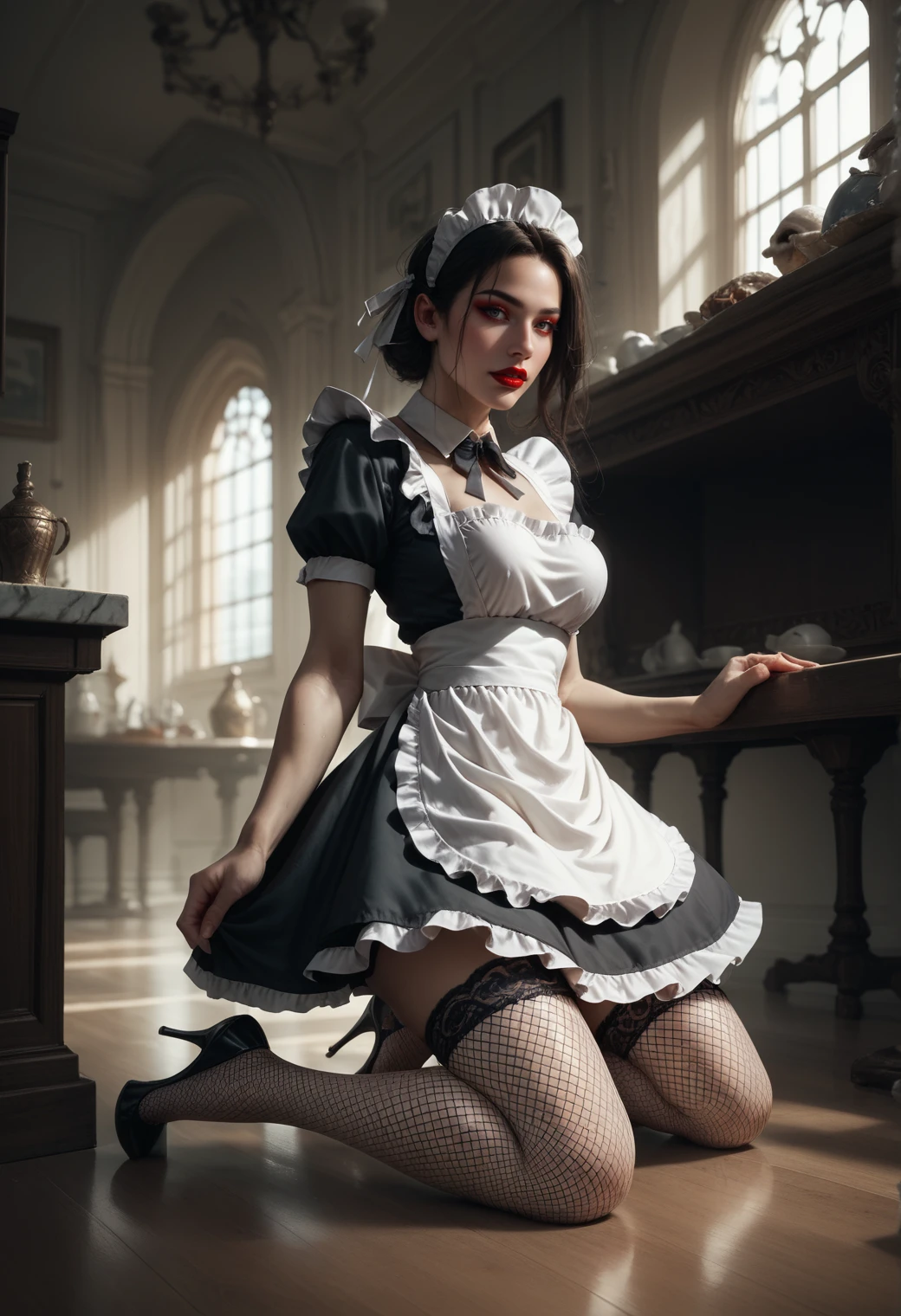 score_9, score_8_up, score_7_up, 1 girl, Jed-frmd ,French Maid , A short, frilly black dress with white apron,  fishnet stockings, black heels, kneeling , interior,    <lora:FrenchMaid-000003:1>