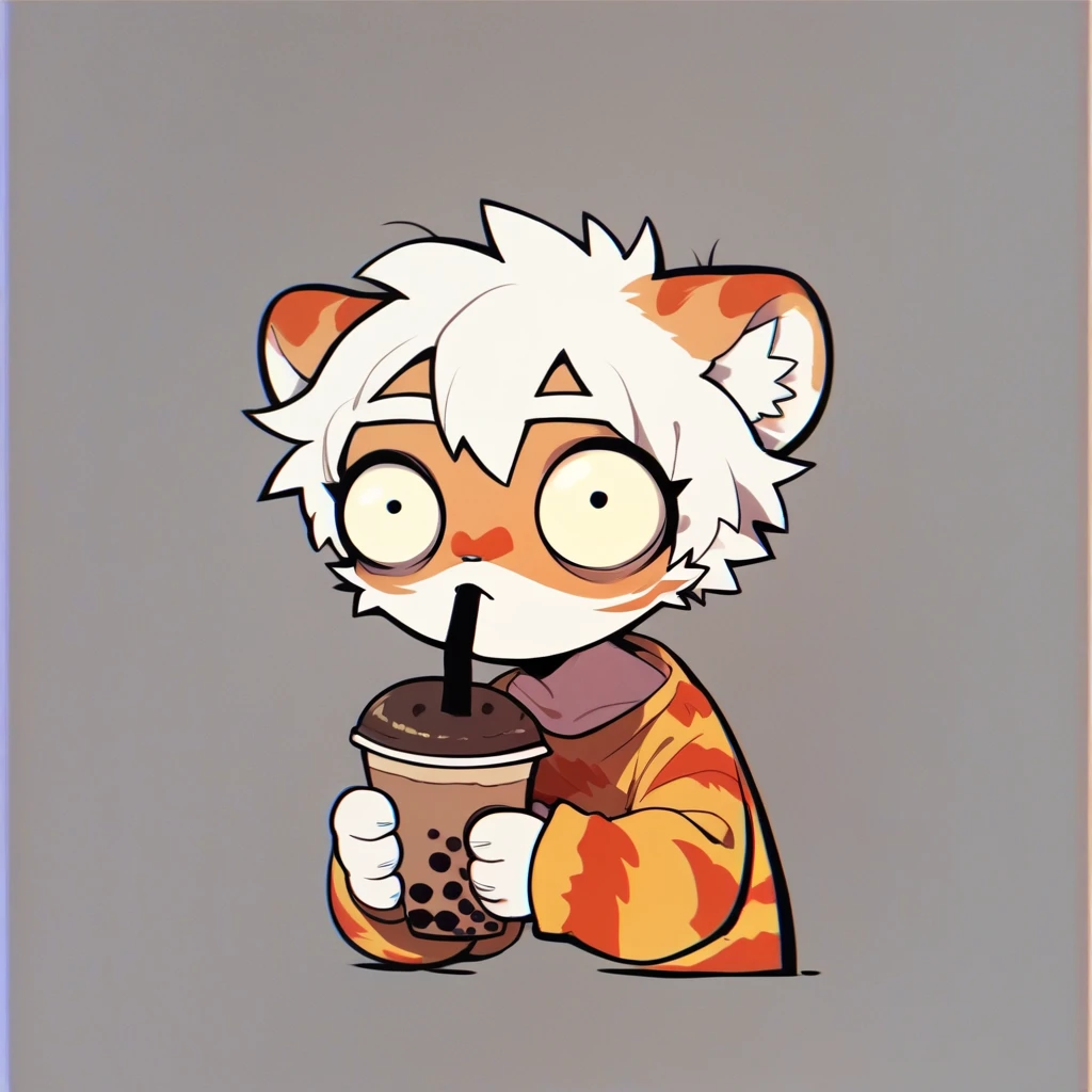 score_9, score_8_up, score_7_up, score_6_up, mikus-zombie green eyes, black dot eyes, milkytiger, tiger ears, tiger tail, holding, bubble tea, white hair, cute,