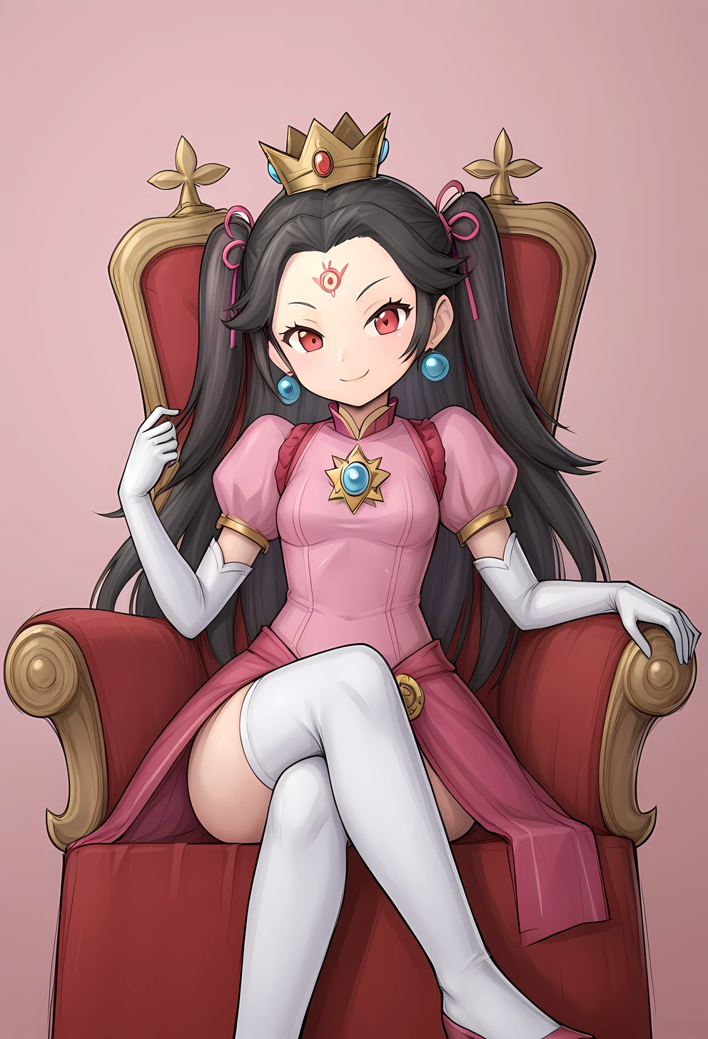 safe_pos, Solo, Himi, black hair, red eyes, small breast, earrings, hair ornament, forehead, mark, better hands, princess peach outfit, throne, smug, crossed legs, 