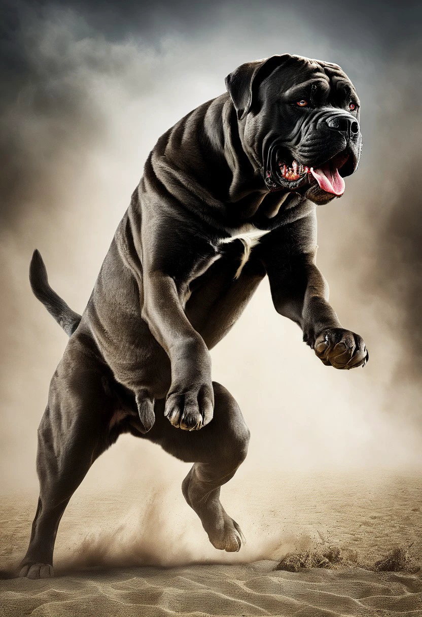 super realistic image ultra quality and super high resolution and sharp focus, photorealistic style of Cane Corso dog dynamic pose, attacking and aggressive pose, growling,