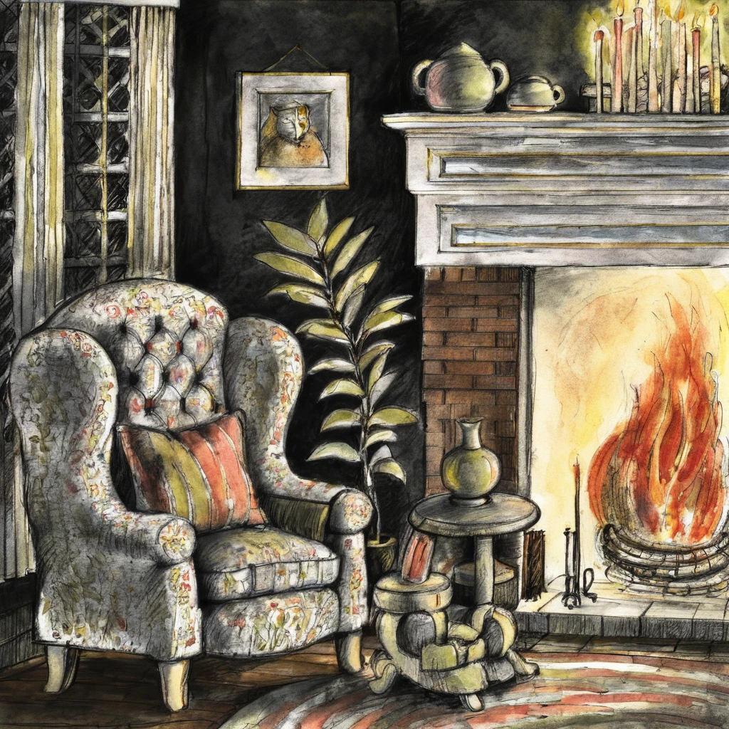 ALobelStyle illustration, fireplace, armchair, indoors, night