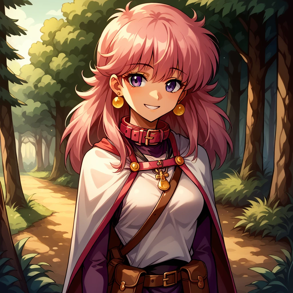 score_9, score_8_up, score_7_up, score_6_up, BREAK source_anime,Absurdres, 1girl, solo, upper body, forest, smile, KRSillPlain, cape, collar, earrings, pink neck pouch, purple leggings, standing,<lora:KRSillPlain_SDXL-000005:1>