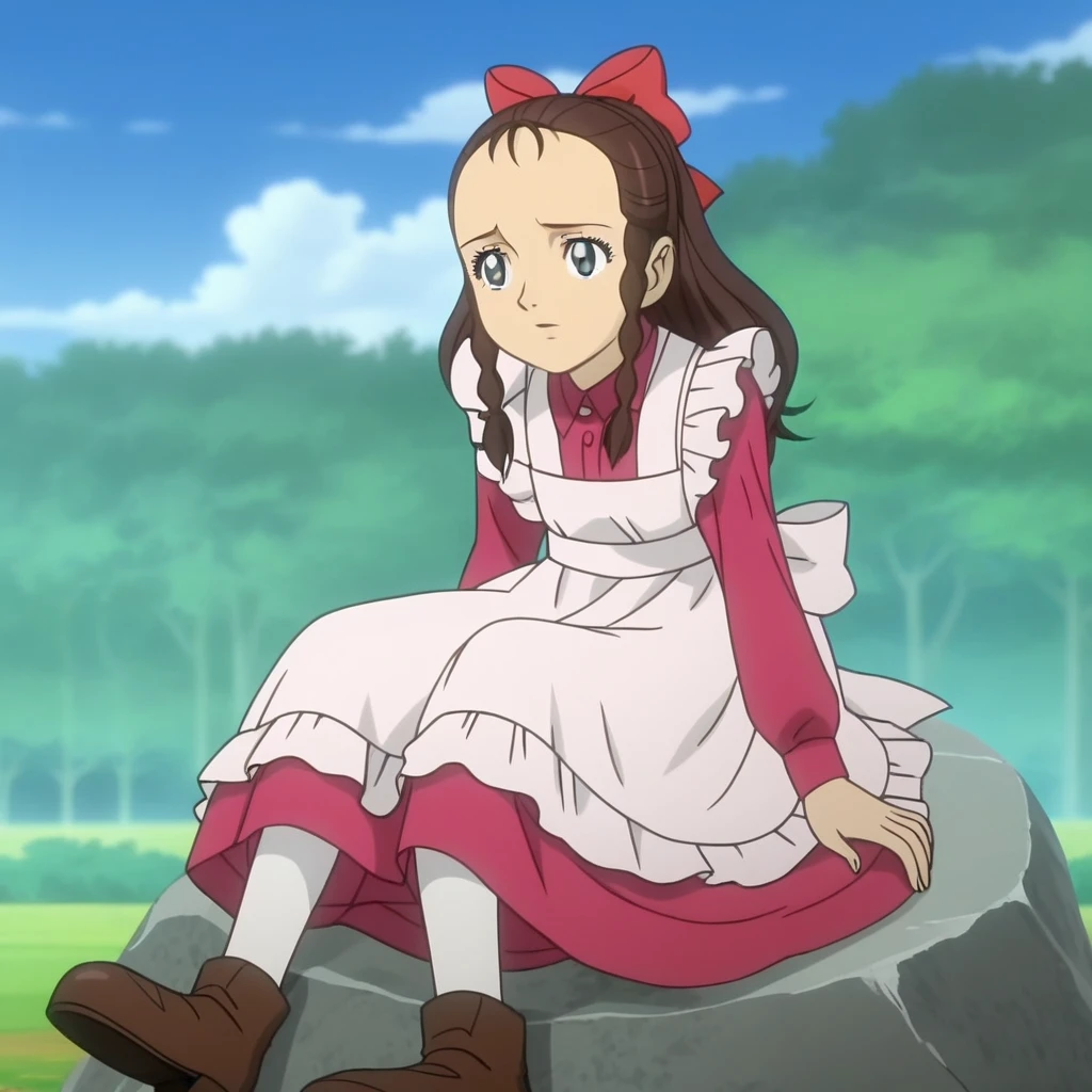 score_8_up, BREAK, emily, 1girl, solo, brown hair, long hair, blue eyes, braid, hair bow, dress, maid apron, brown footwear, sitting on rock, outdoors, blue sky,  <lora:Emily_EmilyOfNewMoon_PXL_Leaf1:1>, anime screencap,