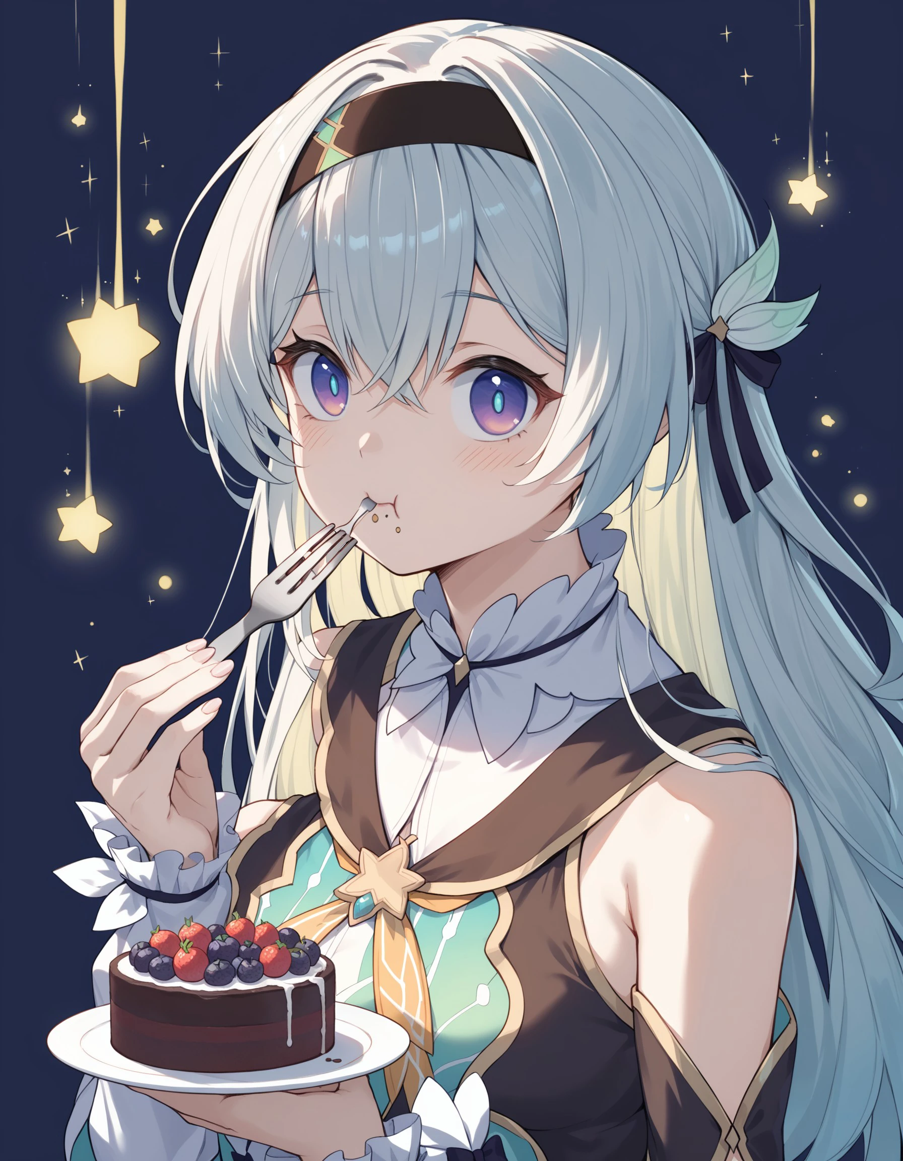 score_9, score_8_up, score_7_up, 1girl, Firefly, solo, eating, fork, food, holding, long_hair, hairband, looking_at_viewer, black_hairband, star_(symbol), food_on_face, plate, holding_fork, cake, simple_background, upper_body, detached_sleeves, blue_eyes, pink_background, hair_between_eyes, grey_hair, breasts, bangs, purple_eyes, blush, multicolored_eyes, sleeveless, bare_shoulders, virtual_youtuber, closed_mouth, <lora:139d2e90-f5f4-4808-8a40-4df73670753e:0.7>