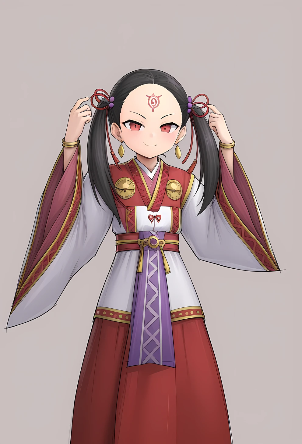 YGO, Himi, black hair, red eyes, earrings, facial mark, forehead mark, hair ornament, twintails, long hair, Japanese clothes, jewelry, long sleeves, wide sleeves, hands behind head, smug,