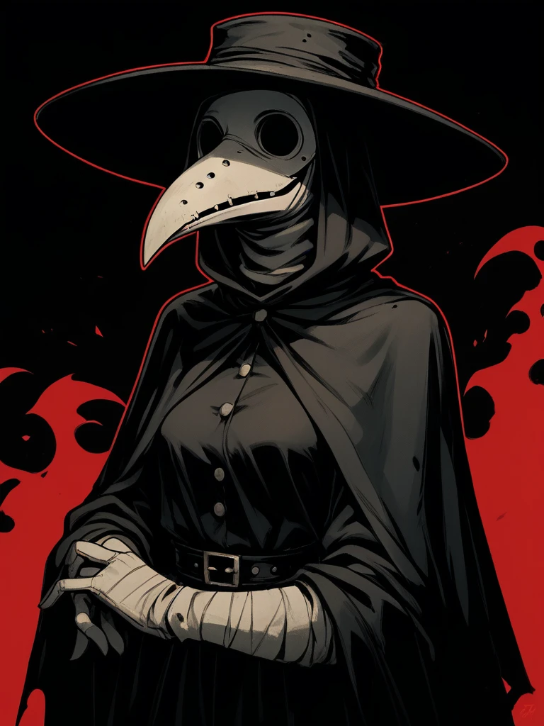 <lora:PlagueDoctor-000008:1> plague doctor, pl@gu3, 1girl, mask, black eyesockets, black eyes,
skinny,hat, black background, red outline,, score_9, score_8_up, score_7_up, score_6_up, score_5_up, score_4_up, BREAK