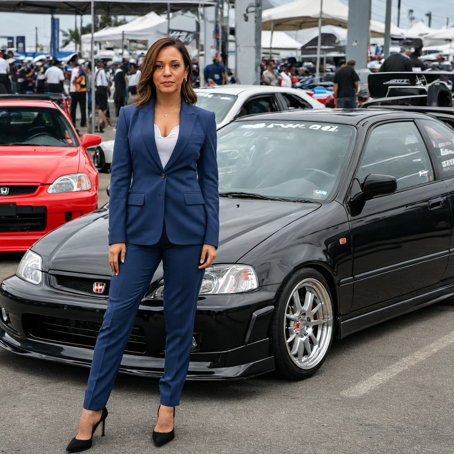 1girl, 1car, <lora:KamalaSDXLBase:1>, ohwx16 woman(short, wearing a pants suit) standing next to honda civic ek 2000, widebody sports car,(sharp focus, highly detailed, 4k, 8k, best quality, masterpiece, ultra highres:1)  <lora:Honda_Civic_EK_2000:0.65> <lora:WBC-XL-v1:0.25>