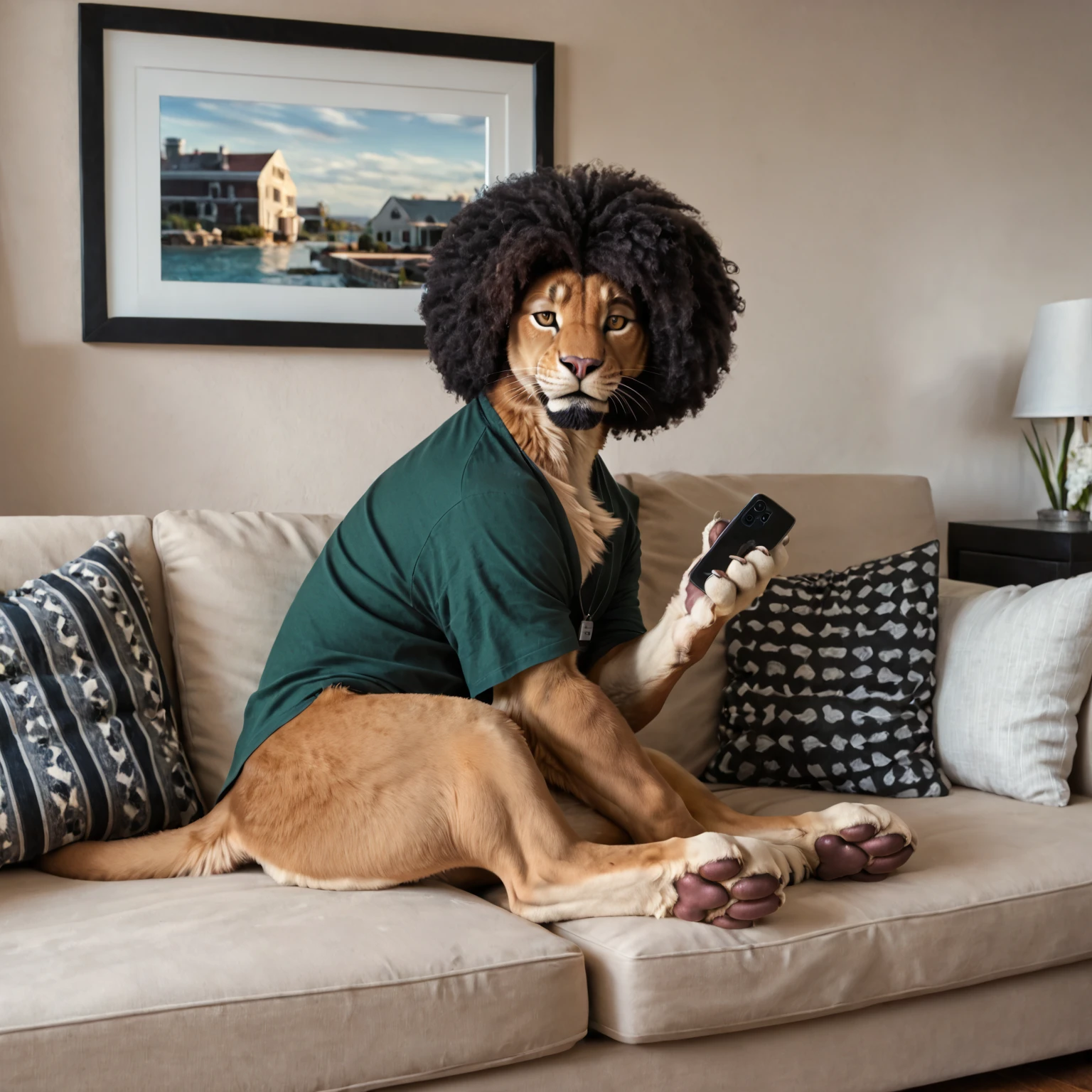 score_9, score_8_up, score_7_up, score_6_up, <lora:felids_pony_v1:0.7>, a male feral lion holding a cellphone in a living room, lion, (clothed feral), (feral), felid, feline, black hair, afro hair, hair, (goatee, black goatee), shirt, green shirt, (detailed background), living room, modern living room, (bored, bored expression), expressive, (male), fur, hair, solo, high quality, pose, sofa, furred body, paws, handpaw, fluffy, (detailed eyes, brown eyes), highly detailed, realistic fur, beautiful, photorealism, photorealistic, <lora:Furry Enhancer V5.2:0.3>, dslr, photo, expressive, (eyebrows), full body, topwear, 30 years old, pawpads, paw pads, beard, holding cellphone, cellphone, using cellphone, reallynxgirl, tail