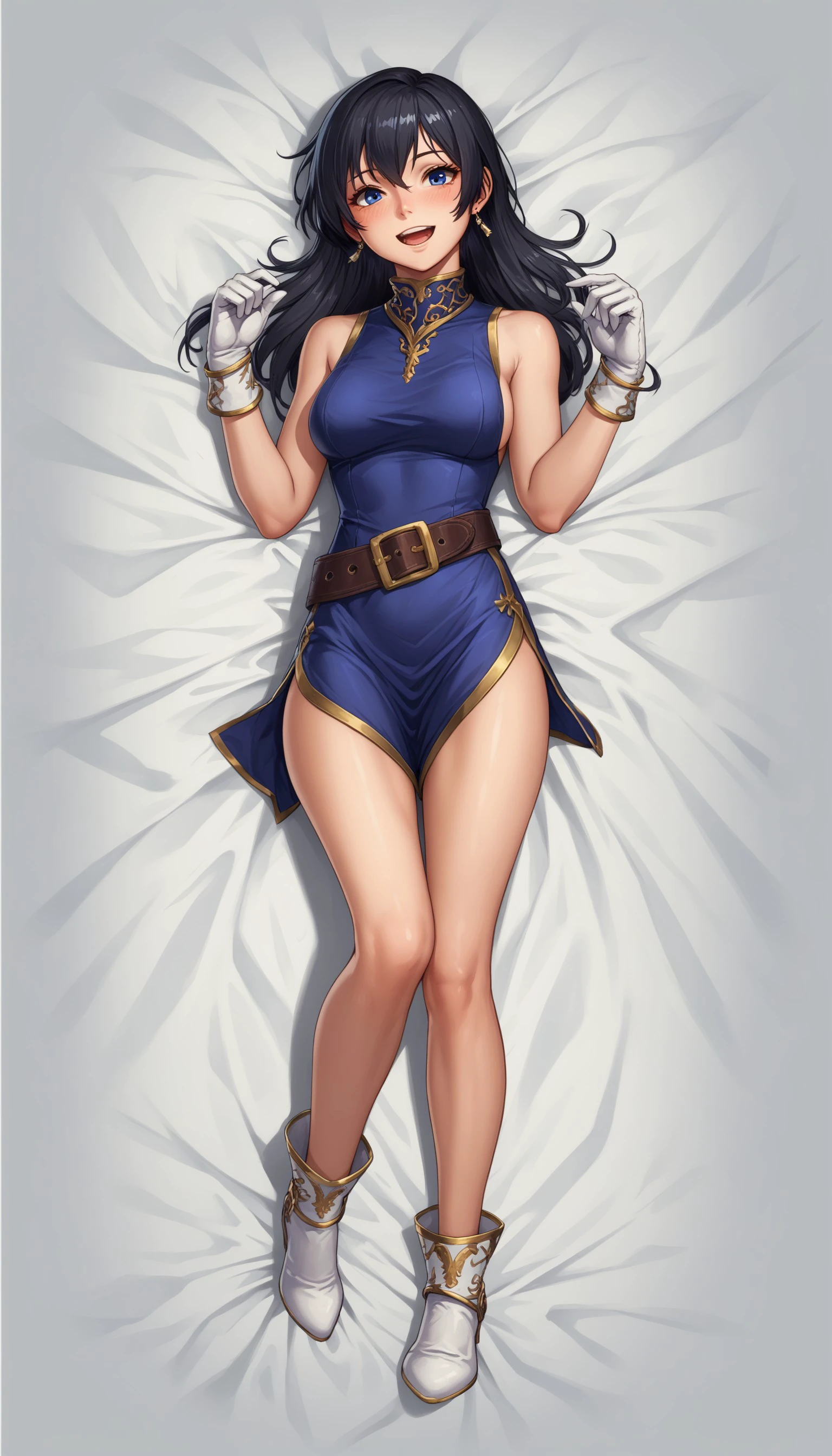 score_9, score_8_up, score_7_up, 1girl, solo, long hair, breasts, looking at viewer, blush, smile, open mouth, blue eyes, black hair, gloves, dress, jewelry, medium breasts, full body, earrings, lying, sleeveless, belt, white gloves, on back, bed sheet, short dress, white footwear, side slit, dakimakura (medium), <lora:154e5e43-dd91-4ab8-b786-626c40868576:0.7>