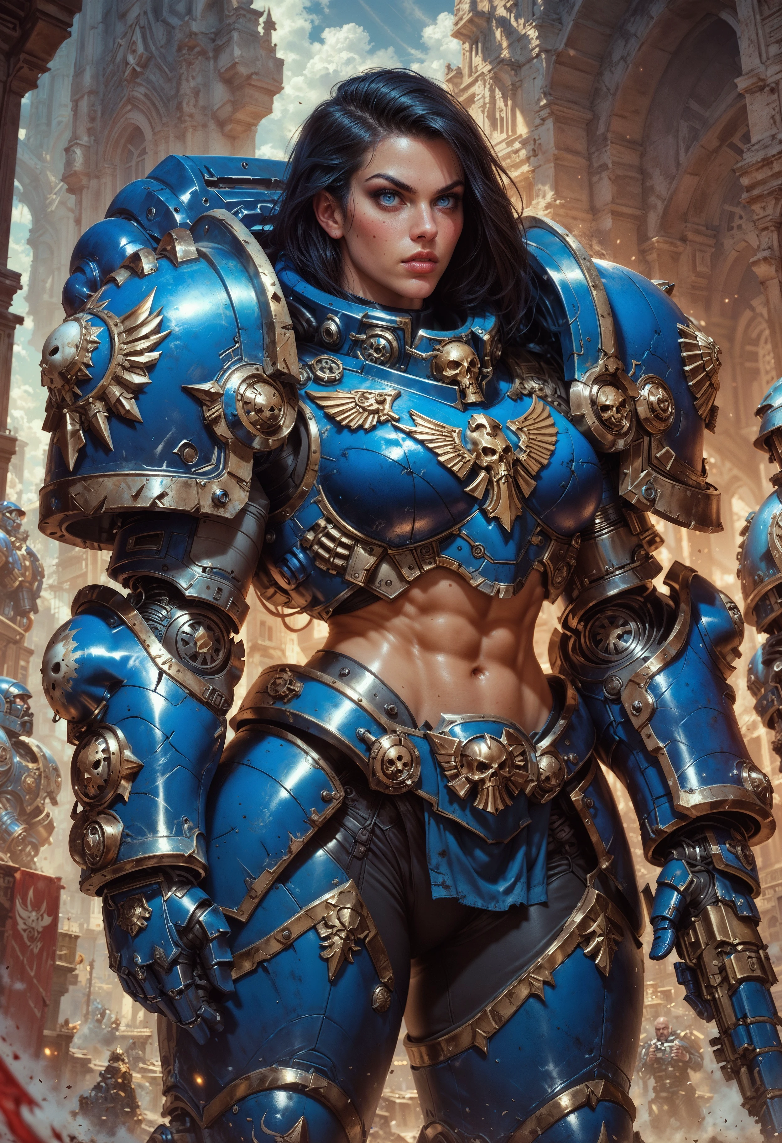 (score_9, score_8_up), score_7_up,  <lora:UltraM40k:0.8> UltraM40k, 1girl, dark hair, power armor, midriff,