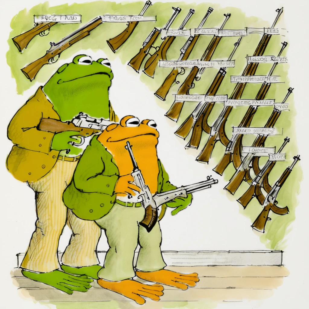 ALobelStyle illustration, frog and toad in a gun store looking at rifles on the wall, anthropomorphic frog <lora:ALobelStyle:1>