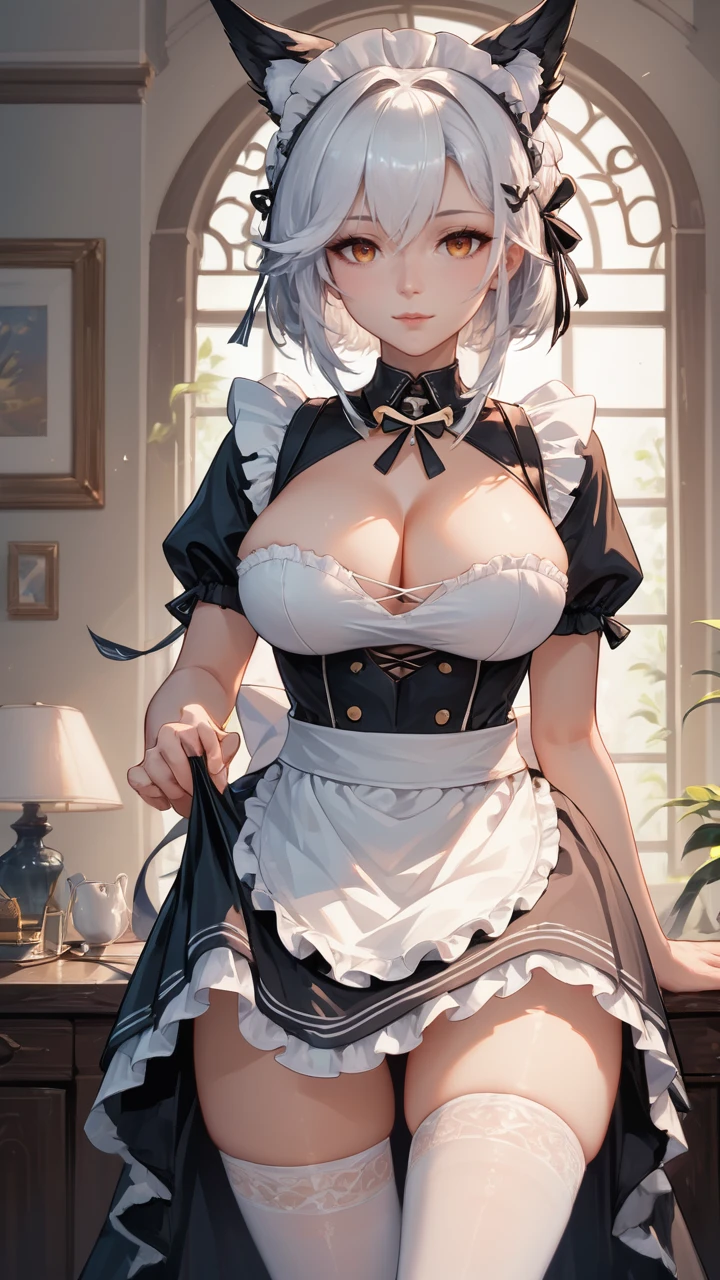 score_9, score_8_up, score_7_up, score_6_up,,detailed_background,indoors,transparent png,maid,august von parseval \(azur lane\),cleavage,nekomimi,skirt lift,weixiaoren,animal ears,azur lane,thighhighs