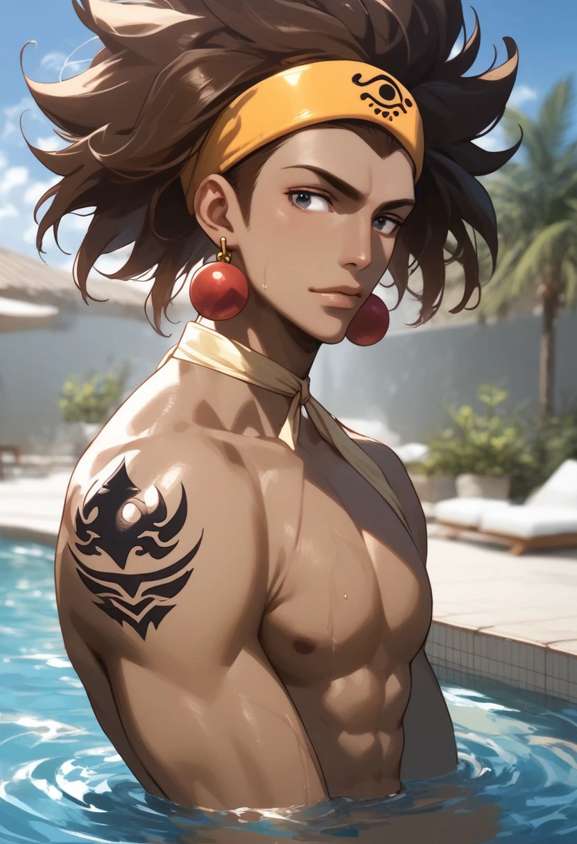 score_9, score_8_up, score_7_up, source_anime, rating_safe, water, Ajetail, 1boy, black eyes, yellow Ajeel headband, red Ajeel earrings, black Ajeel tattoo, male focus, topless, cropped waist, from side, blurry outdoor pool, in water, realistic lighting, Expressiveh