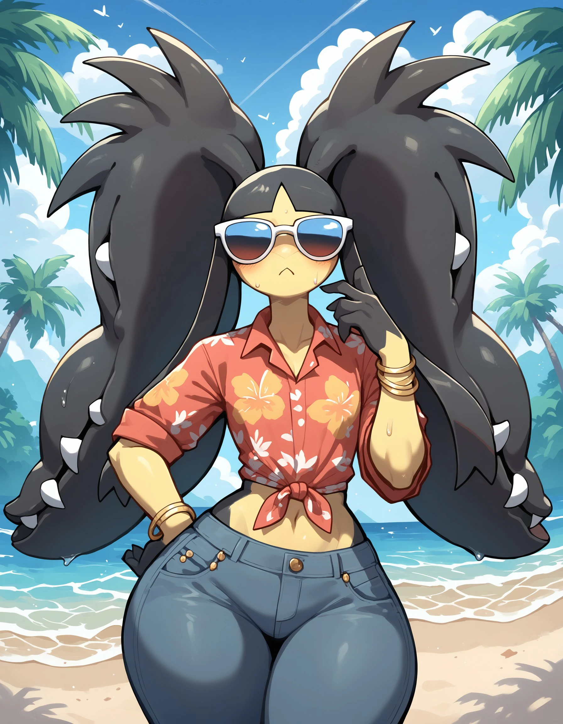 score_9, score_8_up, score_7_up, Megawile, (solo), 1girl, femboy, girly, anthro, black hair, multicolored skin, long sidelocks, extra mouths, pokemon \(creature\), wide hips, Expressiveh, trousers, hawaiian shirt, palm trees, miami, looking to the side, sunglasses, bracelets, street, <lora:cefaa866-a58e-40ba-a219-79ab392f7d60:0.9>, <lora:13bfa59f-4cee-4936-9ff4-e555a5c9ab09:0.9>, <lora:878da4e5-eddb-40d3-91fc-29f14b923356:0.8>