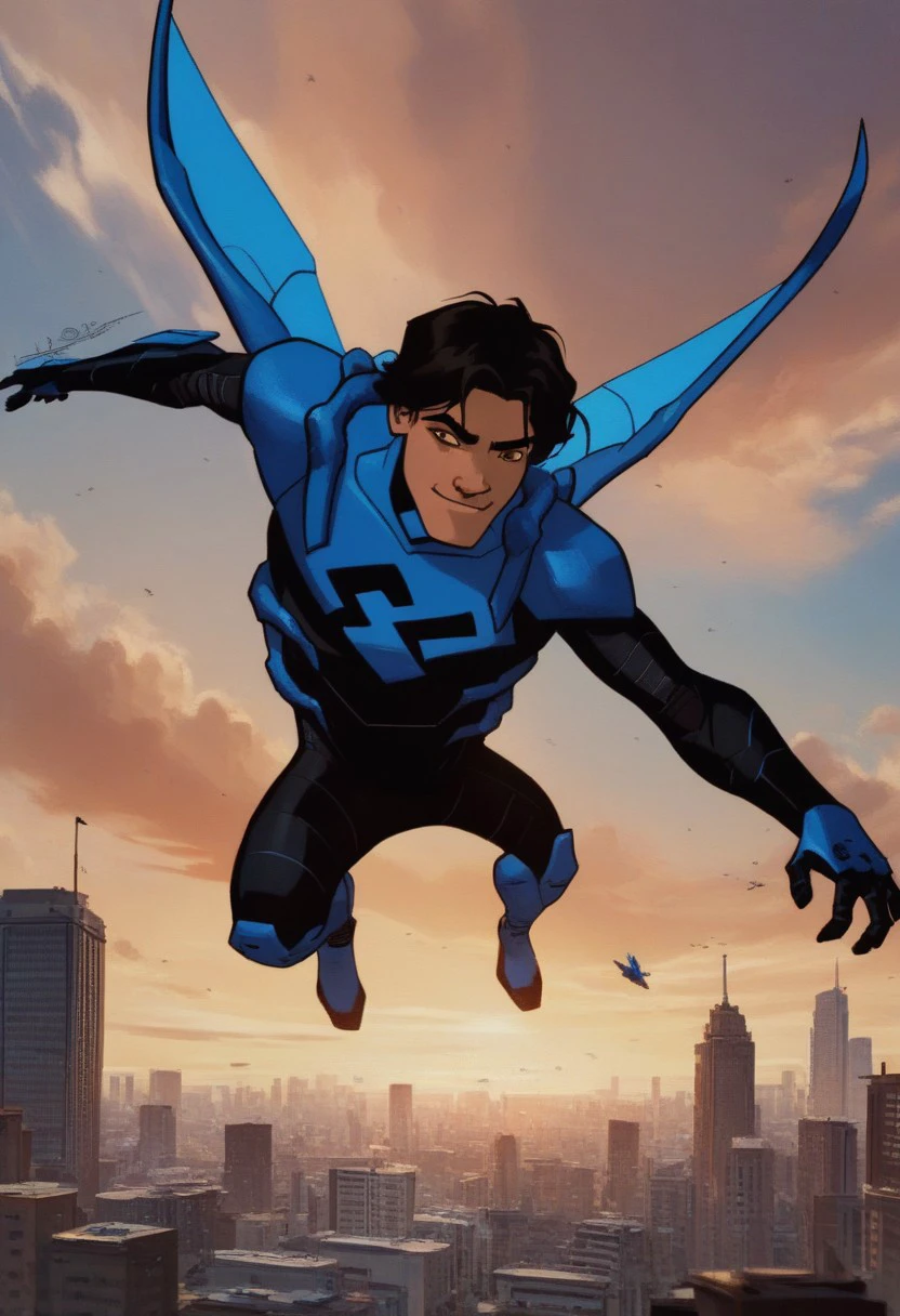 1boy, animated male character, score_9, score_8_up, score_7_up, black and blue body suit, hispanic male, latino, mexican, black hair, short hair, brown eyes, scarab suit, flying, smile, smirk, Blue Beetle, jaimereyes, Jaime Reyes, superhero, flying over city, flying in sky, city skyline, daylight, sunny day,