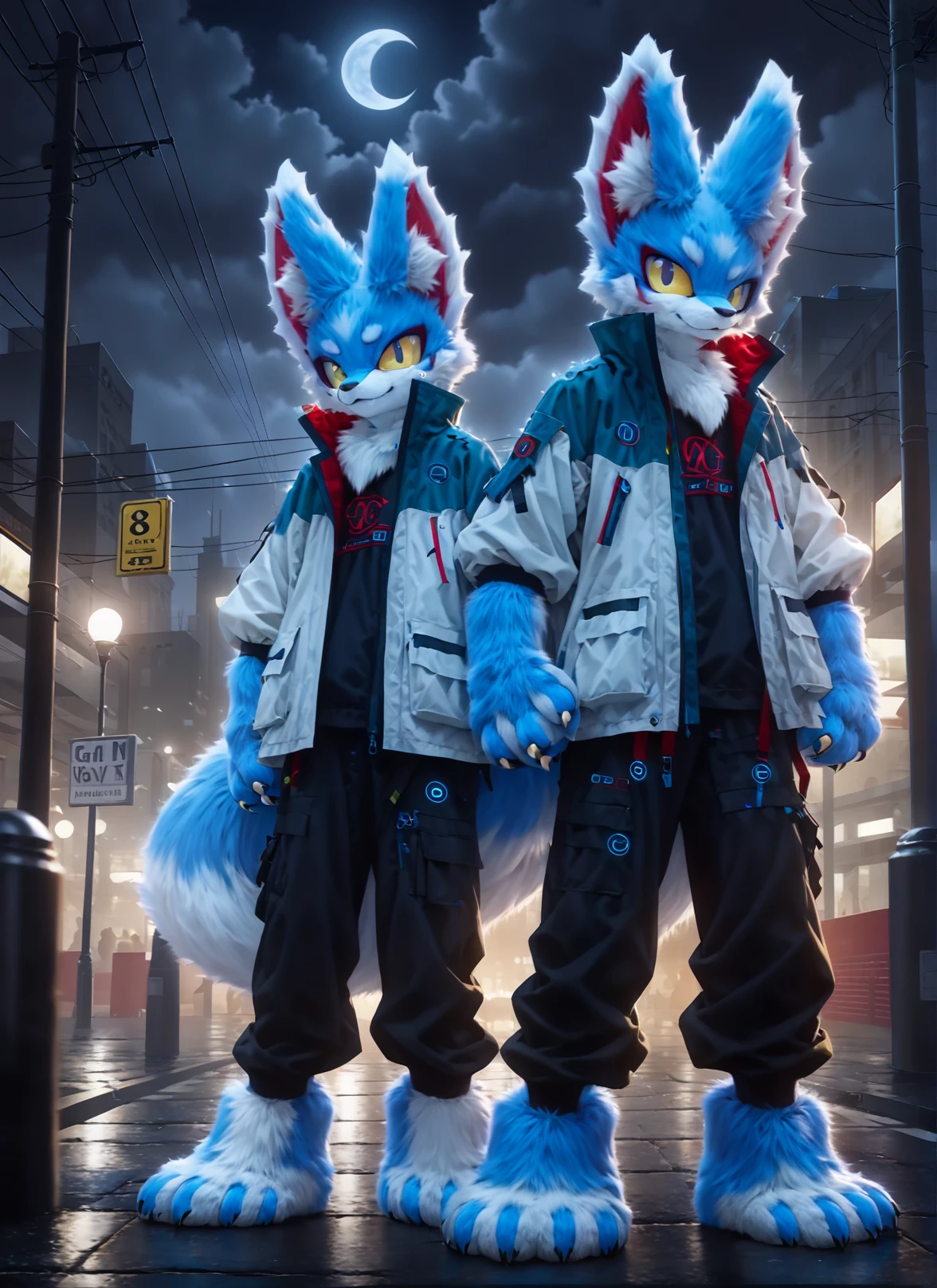 score_9,score_8_up,score_7_up,best quality,amazing quality,very aesthetic,absurdres,official art,intricate details,hyperdetailed,BRAKE,
(furry:1.05),furry fox,furry male,blue and white fur,furry paws,wind jacket,black jeans,dark rainy night,street light,moon,furry ears,half fur suit,realistic,solo,full body,<lora:HalfFurSuitXLLora:0.85>,