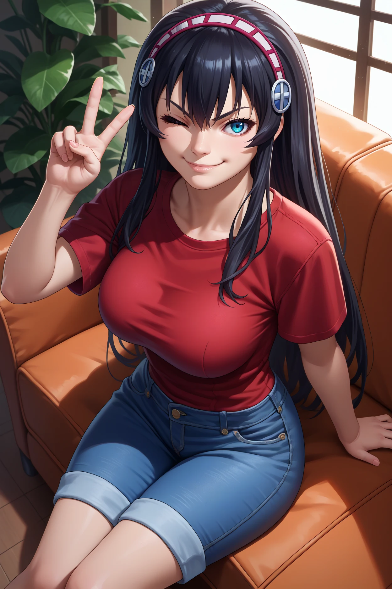 score_9, score_8_up, score_7_up, score_6_up, source_anime, 1girl, solo, <lora:luvelia-pdxl-nvwls-v1-000004:1> luvelia, black hair, blue eyes, long hair, hairband, large breasts, red t-shirt, denim shirts, sitting, couch, from above, looking at you, wink, smirk, peace sign