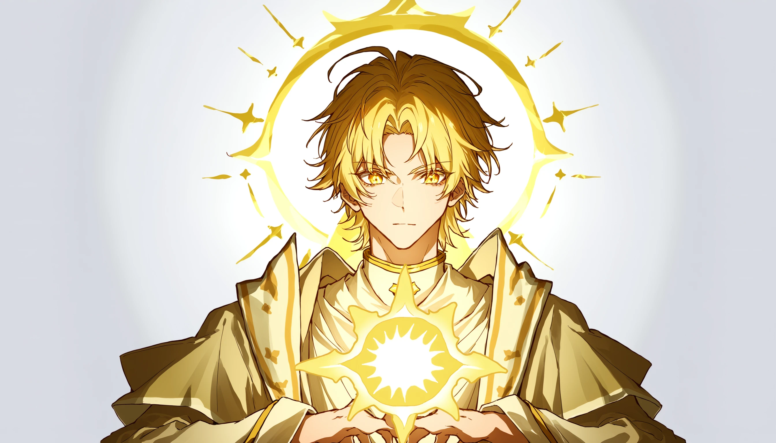 masterpiece, best quality, art by inui nakiru, ebrlotm, lotm, 1boy, male focus, halo, white background, yellow theme, star (symbol), sun sphere, golden eyes, glowing eyes, rating_safe