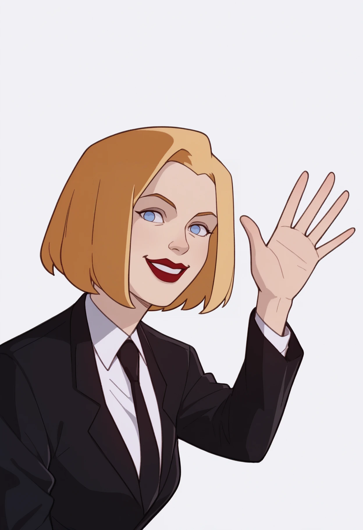 score_9, score_8_up, score_7_up, score_6_up, score_5_up, score_4_up, BREAK,
1girl, agentl, blonde hair, short hair, blue eyes, red lips, makeup,
black jacket, formal, suit, necktie, white shirt,
waving, upper body, smile, looking at viewer, solo, simple background, white background    <lora:AgentLXL:1>