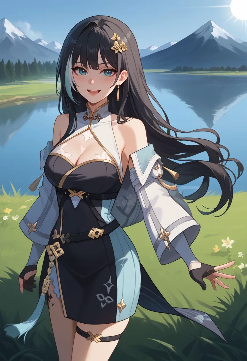 score_9, score_8_up, score_7_up, source_anime, 1girl, baizhidef, blue eyes, black hair, long hair, streaked hair, hair ornament, earrings, jewelry,  shoulders, detached sleeves, long sleeves, black dress, cleavage cutout, white jacket, off shoulder, chinese clothes, black gloves, fingerless gloves, thigh strap, boots, black footwear, standing, open mouth, waving, smile, blush, looking at viewer, outdoors, grass, lake, mountain in the background, sun, facing viewer, upper body, <lora:Baizhi_v1-000010:1>